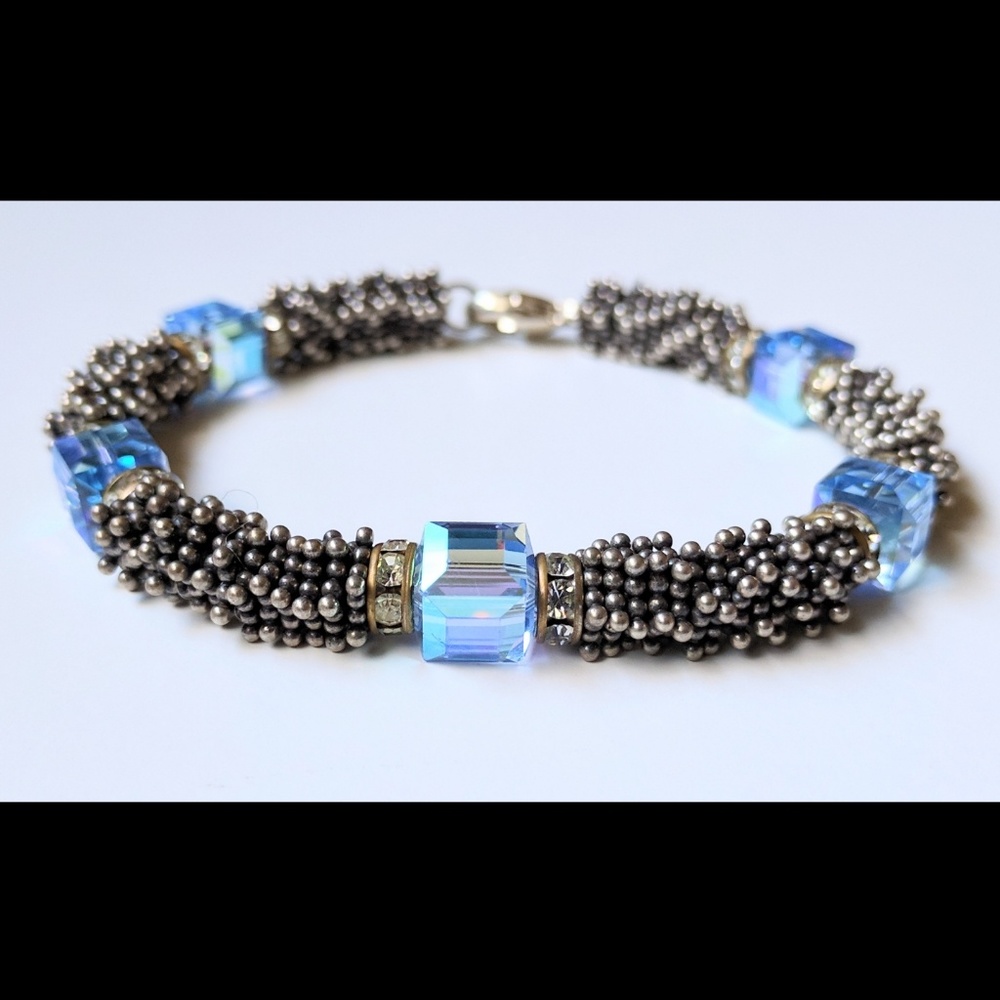 Blue Crystal Sterling Silver Beaded Bracelet